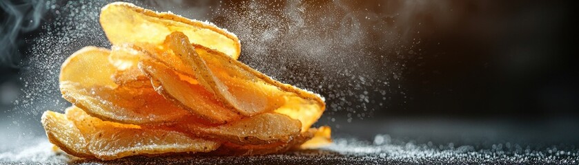 A close-up of crispy potato chips with a sprinkle of salt, highlighting their texture and crunch in a visually appealing manner.