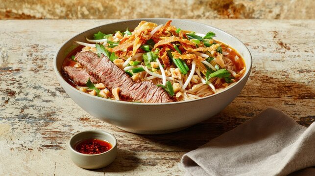 Delicious thai beef noodle soup kuay teow nua traditional recipe culinary art rustic setting close-up flavorful experience