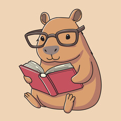 A cute Capybara reading a book. Cartoon illustration of vector art. Back to school theme