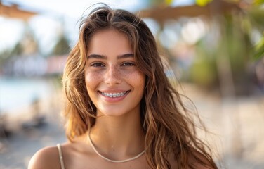 Fototapeta premium A smiling woman with wavy hair stands against a beach backdrop, radiating warmth and joy under soft sunlight.