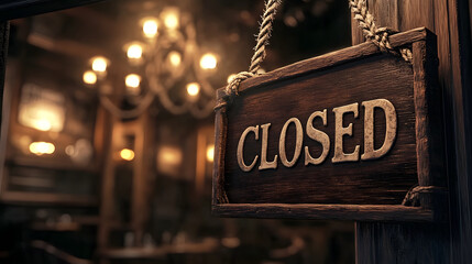rustic wooden CLOSED sign with bold etched lettering hangs in dimly lit setting, creating warm and inviting atmosphere