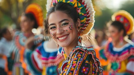 Fototapeta premium Smiling woman in vibrant traditional costume at a festive parade.