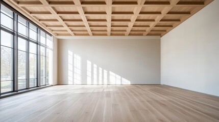 Obraz premium A large room with white walls and wooden paneling