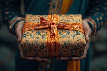 A heartwarming moment of a Hindu man surprising his wife with a gift box, both sitting on a sofa in their elegantly decorated living room