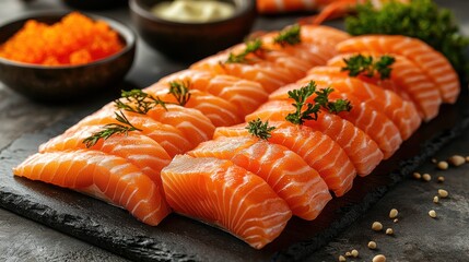 Fresh salmon sashimi beautifully arranged on a slate platter, garnished with herbs and accompanied by bowls of wasabi and roe.