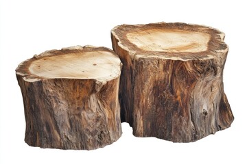  Two rustic wooden stumps, varying sizes, isolated on white background.