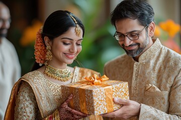 A happy Hindu husband in a traditional kurta giving a beautifully wrapped gift box to his smiling wife, dressed in a saree, during a festive occasion at home