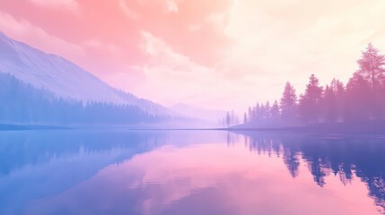 Serene pastel sunset over calm lake reflecting mountains and forest.