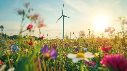 A wind turbine towering over a lush field of wildflowers

