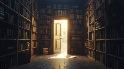 A Doorway to Knowledge:  A mystical library scene with a bright light emanating from an open door, symbolizing the endless possibilities of learning and discovery.