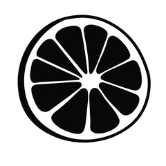 A black and white image of a lemon. The lemon is cut in half and has a white outline