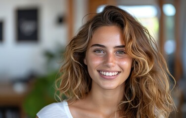 Fototapeta premium A smiling young woman with wavy hair is captured in a bright, cozy indoor setting, radiating warmth and positivity.