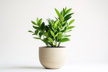 Fototapeta premium Green plant in beige pot on white background, minimalist concept.