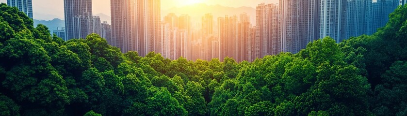 Fototapeta premium Serene view of nature meeting urban architecture during a golden sunrise.