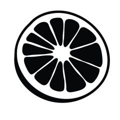 A black and white image of a lemon. The lemon is cut in half and has a white outline