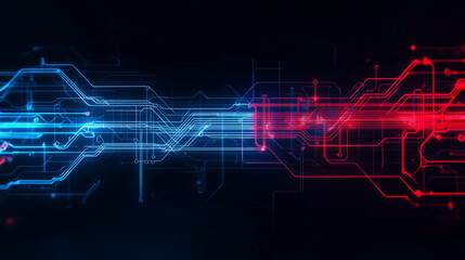 Obraz premium Abstract Technology Background: Futuristic Circuit Network, Digital Data Flow, Red and Blue Lines, Communication and Innovation Concept