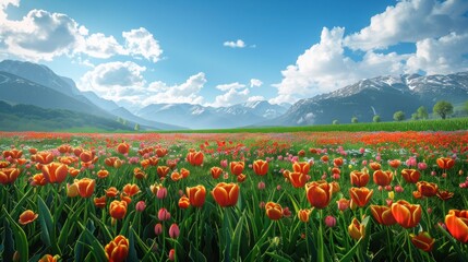 Vibrant tulip field in a sunlit mountain valley.
