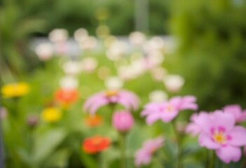 Fototapeta premium Blur of abstract green garden and flower background from window