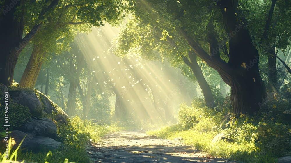 Poster sunbeams illuminate a path through a lush, green forest with dappled light and mossy rocks.