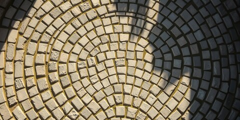 A circular pattern of stone pavers creates a captivating visual display with the interplay of light and shadow.
