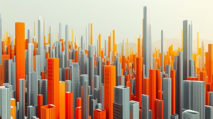 Obraz premium A vibrant, futuristic city skyline in orange and grey hues, with towering structures depicting modern architecture and digital urban planning. AI generated.