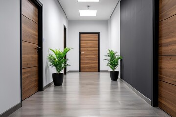 Obraz premium Modern hallway with wooden doors and indoor plants, creating a stylish and welcoming space.