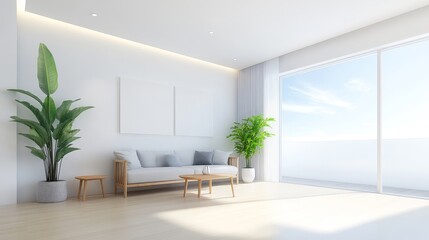 A living room with a yellow couch, a coffee table, and potted plants