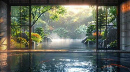 Serene Japanese garden view from onsen.