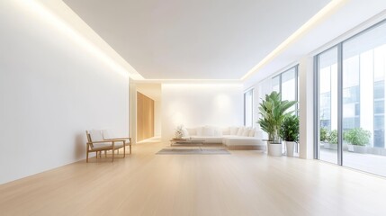 Fototapeta premium A large, empty living room with a white couch and two chairs