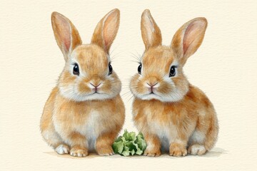 Fototapeta premium Two cute rabbits sitting together with a piece of lettuce.