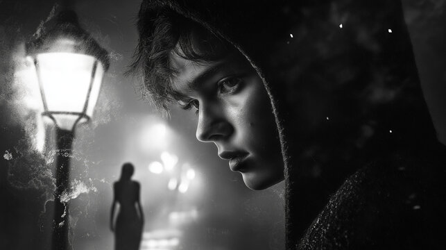 Woman's face in foreground, ominous man lurking in foggy background.
