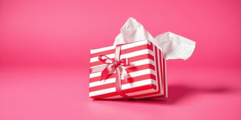 Fototapeta premium A festive red and white striped tissue box with a pink ribbon, open with a single tissue pulled out, rests on a pink background.