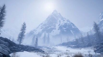 Obraz premium Majestic snow-capped mountain peak in a misty winter landscape.