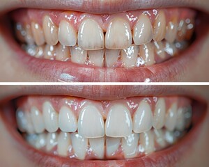 A side-by-side comparison of teeth showing the difference in alignment and whitening results before and after treatment.