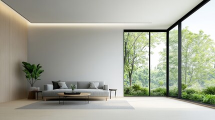 A large, open living room with a couch, coffee table, and potted plant