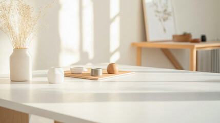 Obraz premium Sunlight illuminating white table with decorative objects and dried flowers in modern minimalist apartment