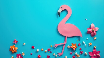 Obraz premium Pink Flamingo with Tropical Flowers on Blue Background