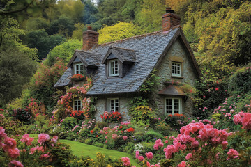 Charming countryside cottage nestled among vibrant gardens and lush trees