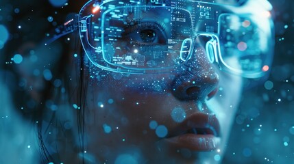 Woman wearing futuristic glasses, digital overlay.