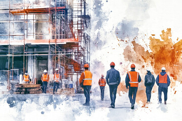 Engineering teams collaborate on modern construction site with urban development focus amidst creative watercolor background
