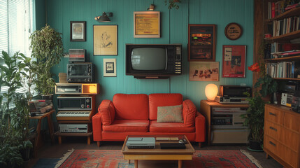 Nostalgic living room with vintage furniture and decor, evoking a sense of warmth and comfort during a quiet afternoon
