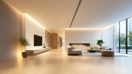 A large, open room with a wooden floor and a tree in the middle