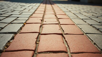 A narrow path of red brick tiles cuts through a field of gray stone, creating a compelling contrast in texture and color.