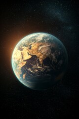 Fototapeta premium Celestial Majesty Detailed Closeup of Earth in Space, Sunrise Glow on Landmasses, Starscape Background - Serene Cosmic View for Educational, Environmental Concepts