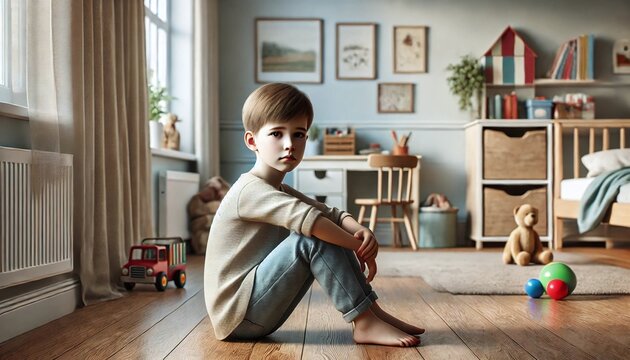Lonely boy sitting in a dim room, reflecting sadness, anxiety, and childhood struggles. Ideal for themes of mental health, autism awareness, and emotional support