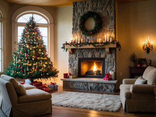  A beautiful decorated Christmas tree with gifts in front of fireplace in a living room.
