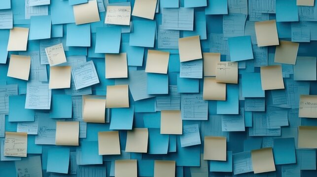 Wall covered with numerous blue and yellow sticky notes, some with handwritten text.