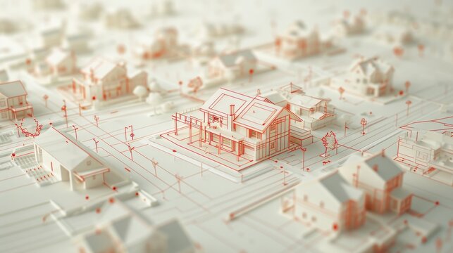 A detailed and minimalistic 3D render of a suburban neighborhood with houses, roads, and trees highlighted in red lines, showcasing modern design. AI generated.