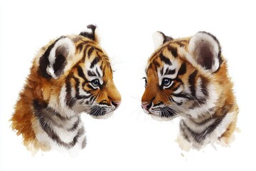 Fototapeta premium Two tiger cubs face each other, showcasing their playful expressions in a watercolor style.