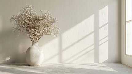 A minimalist interior featuring a vase with dried flowers and soft sunlight.